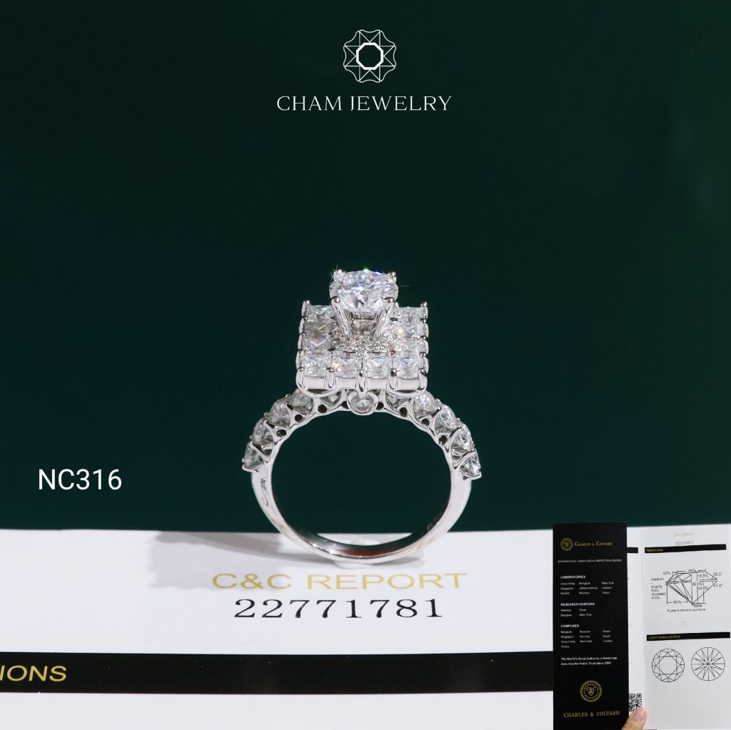 Nhẫn NC316 CHAM JEWELRY, Đá Moissanite C&C Chủ 6.0mm (Barcode OCNN159)