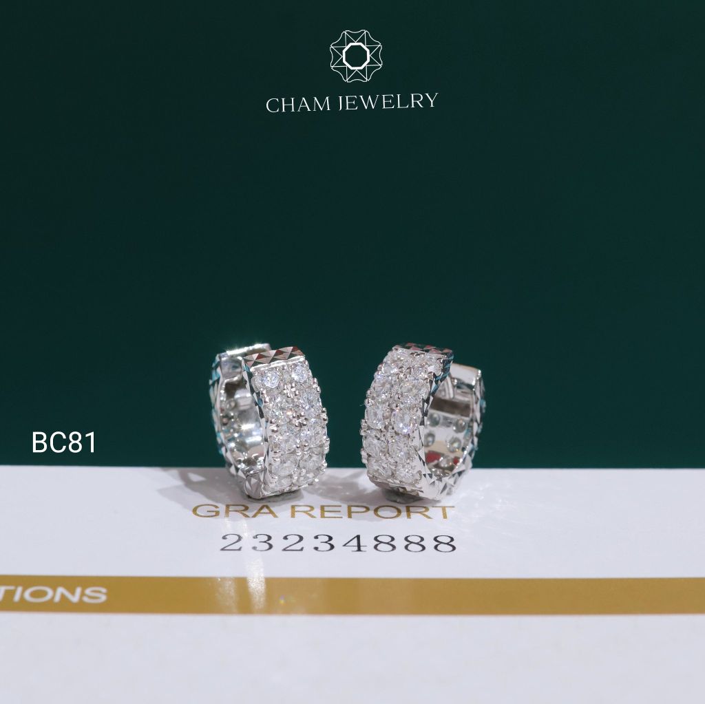 Hoa Tai BC81 CHAM JEWELRY, Hoa Tai Full Moissanite 2 Hàng Đá (Barcode OB95)