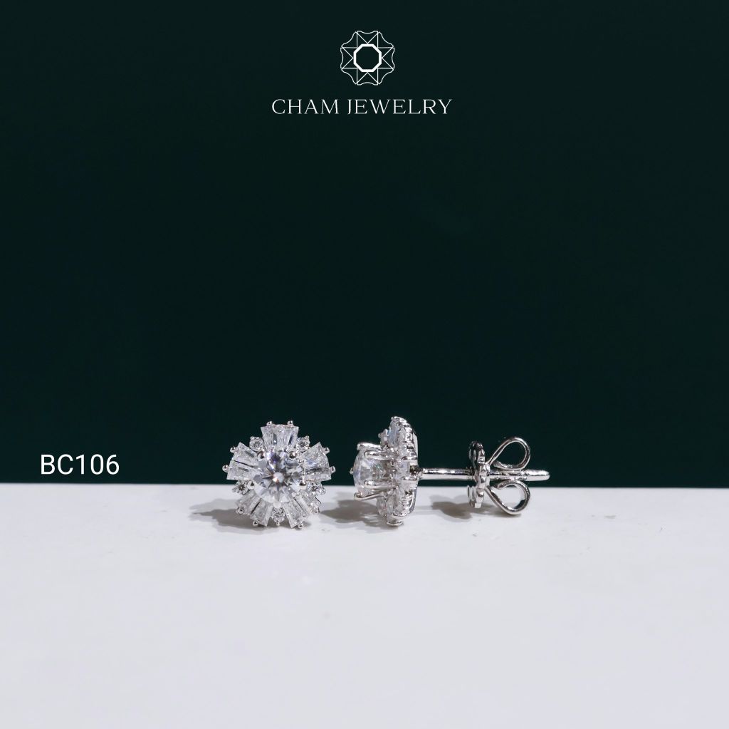 Hoa Tai BC106 CHAM JEWELRY, Hoa Tai Full Moissanite Chủ 4.0mm (Barcode OCB17)