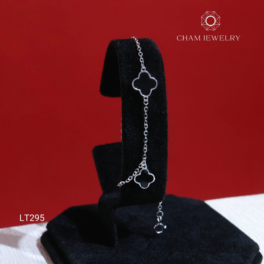 Lắc Tay LT295 CHAM JEWELRY, Lắc Cỏ 4 Lá Đen Kiểu Bảng 9.0mm( Barcode CLACY163).