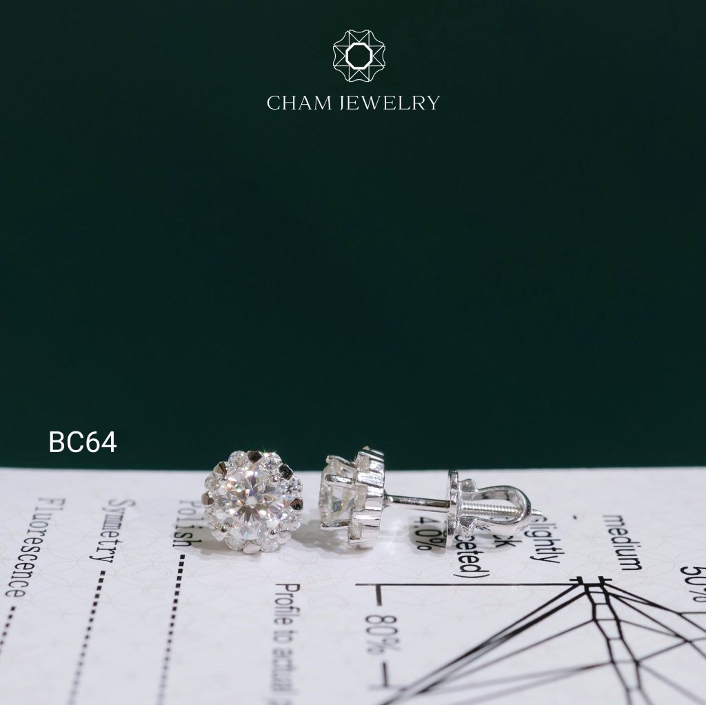 Hoa Tai CHAM JEWELRY BC64, Hoa Tai Halo Tròn Full Moissanite Chủ 5.0mm (Barcode TVM159)