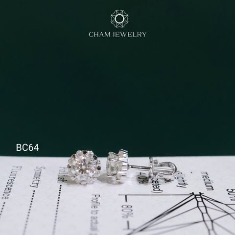 Hoa Tai CHAM JEWELRY BC64, Hoa Tai Halo Tròn Full Moissanite Chủ 5.0mm (Barcode TVM159)
