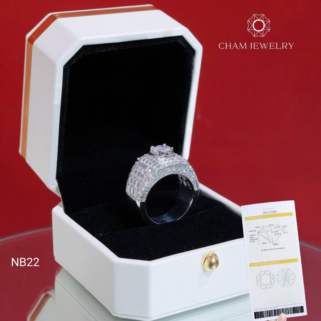 Nhẫn Nam NB22 CHAM JEWELRY, Full Moissanite Cao Cấp, Chủ 6.3mm (Barcode OCNA01)
