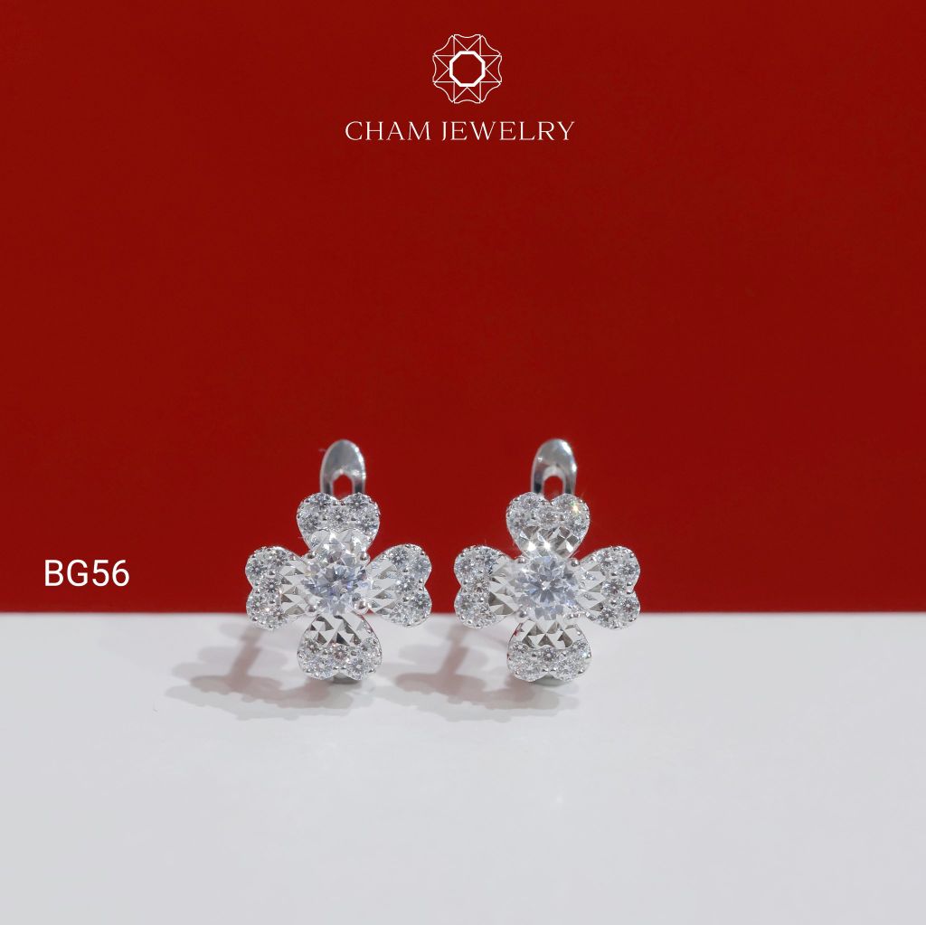 Hoa Tai BG56 CHAM JEWELRY, Hoa Tai Kiểu Cỏ 4 Lá Trái Tim, Chủ 3.5mm (Barcode TBG1109).