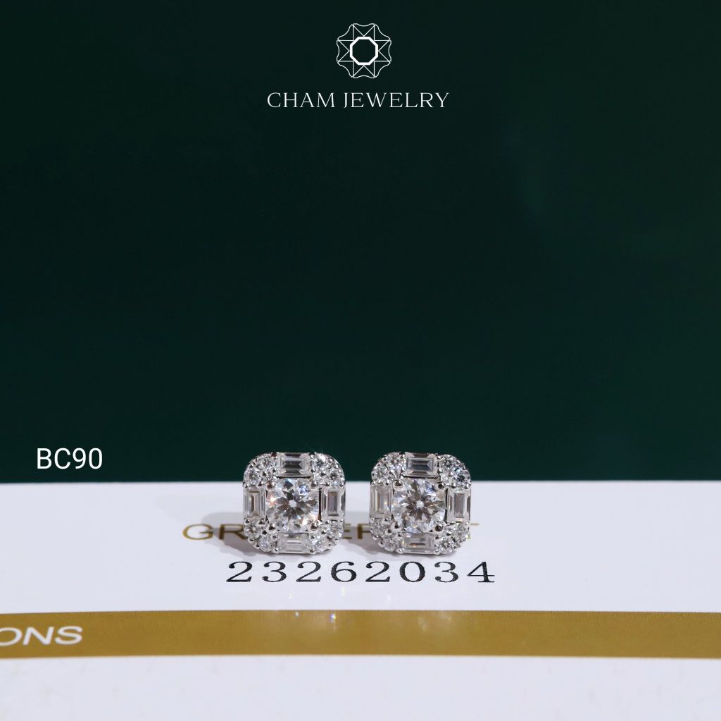 Hoa Tai BC90 CHAM JEWELRY, Hoa Tai Full Moissanite Chủ 4.0mm (Barcode OCB08)