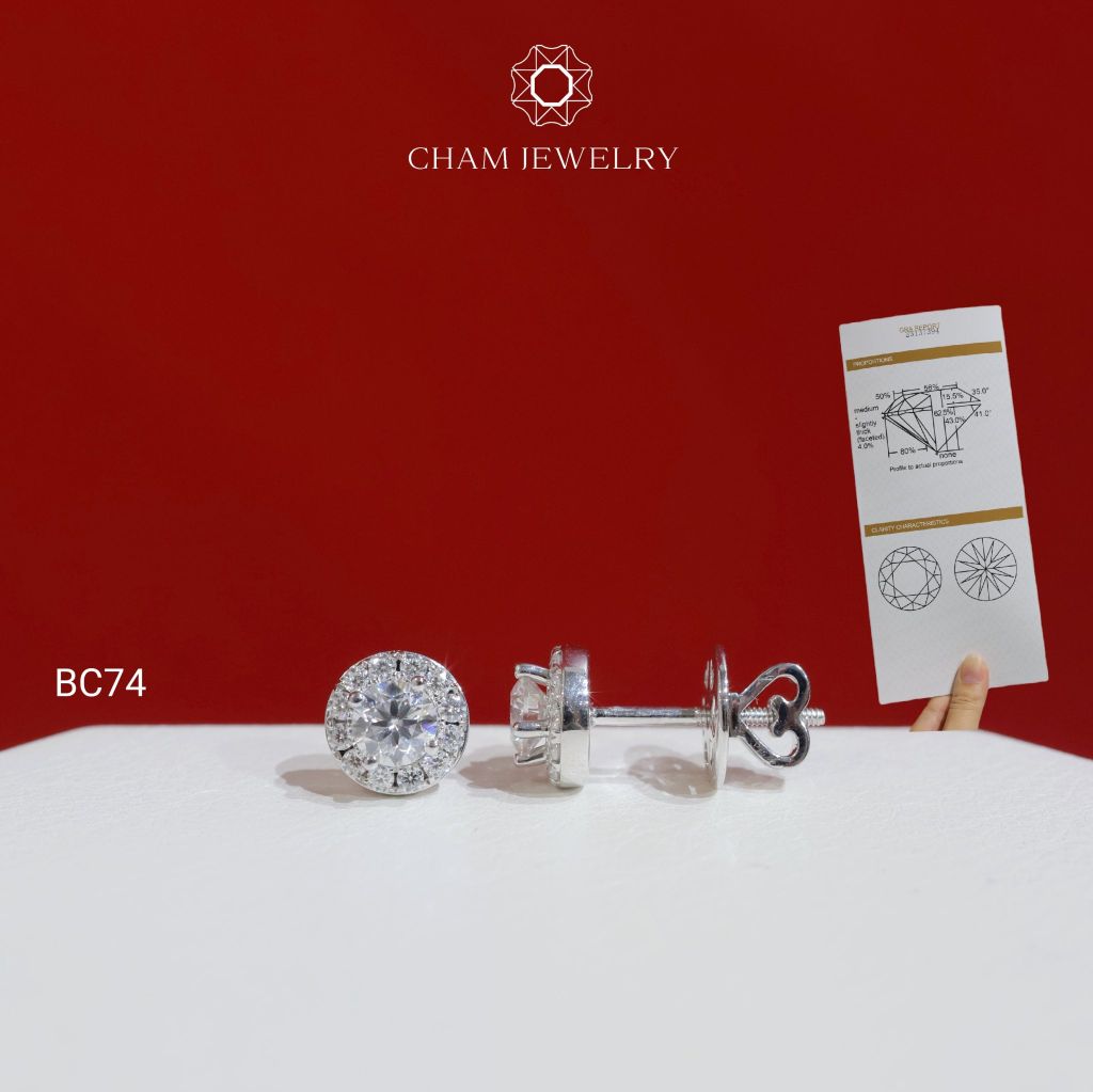 Hoa Tai BC74 CHAM JEWELRY, Hoa Tai Halo Tròn Full Moissanite Chủ 4.0mm (Barcode OCB06)