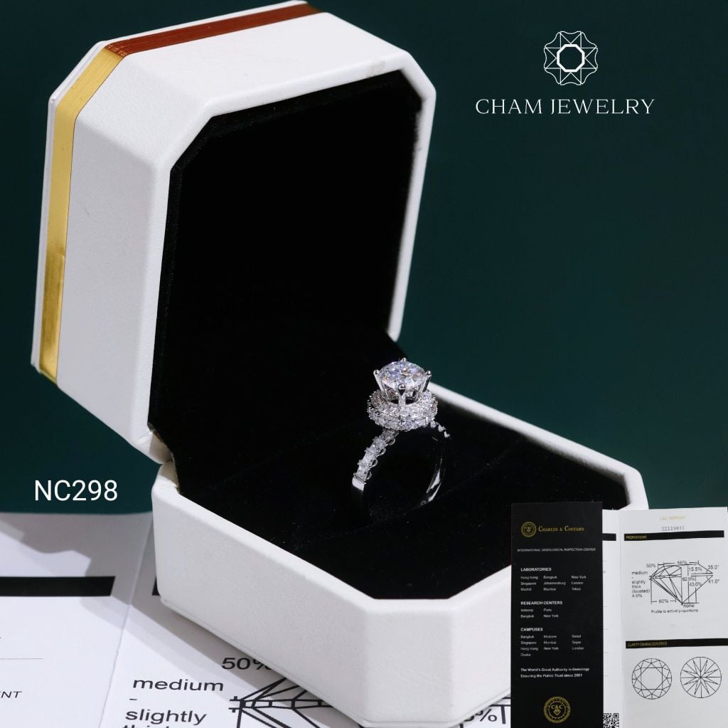 Nhẫn NC298 CHAM JEWELRY, Đá Moissanite C&C Chủ 7.2mm (Barcode OCNN138)