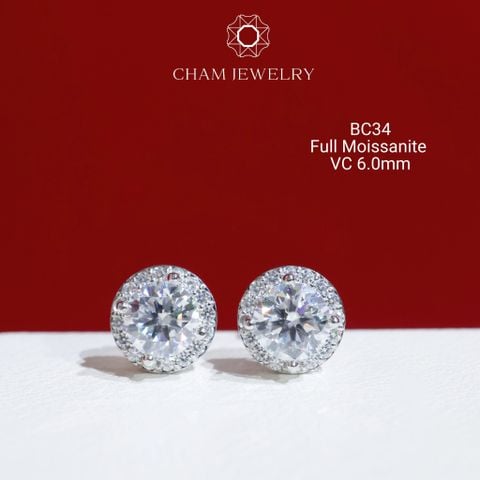 Hoa Tai CHAM JEWELRY BC34, Full Moissanite Chủ 6.0mm (Barcode OB16)