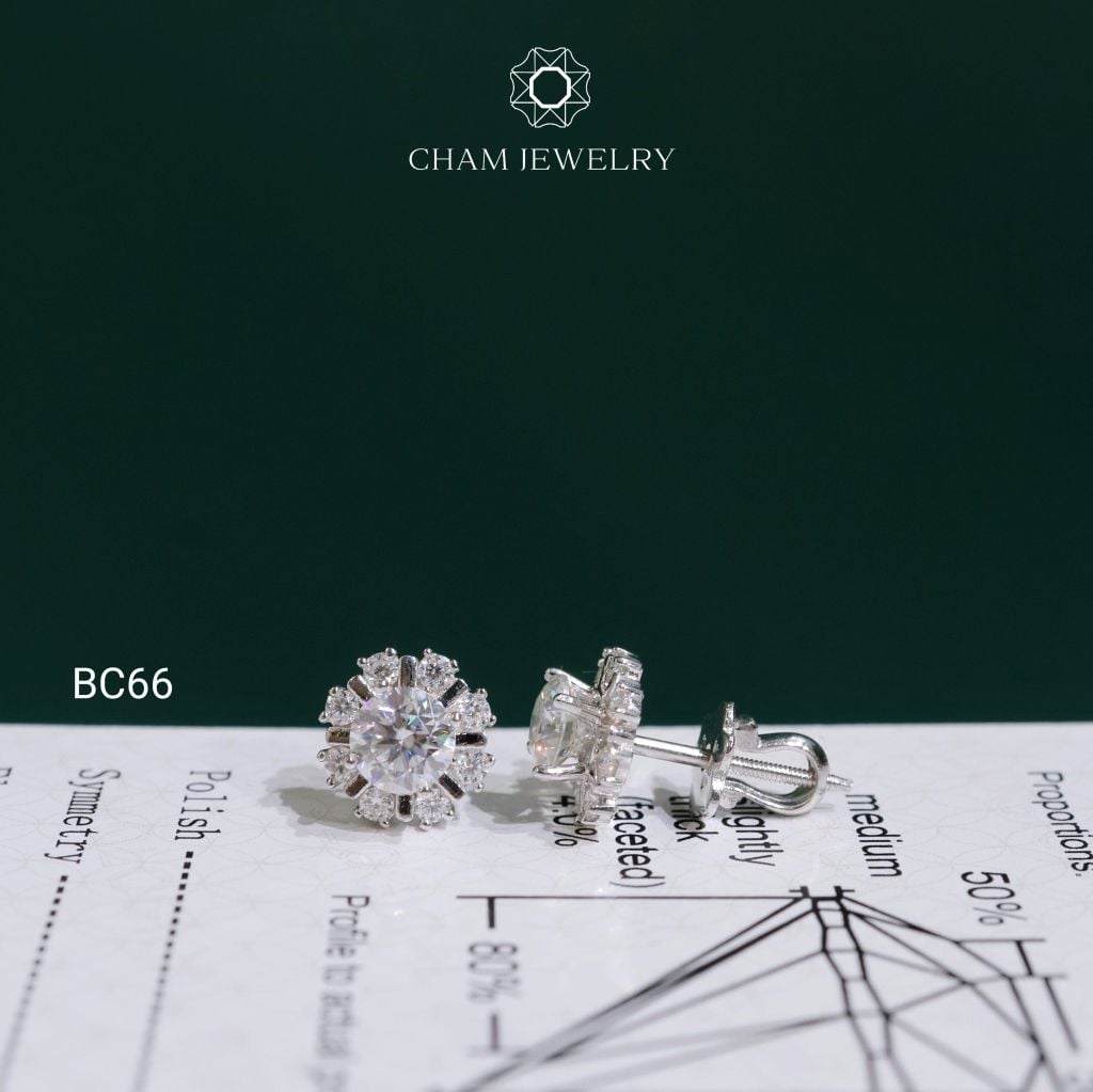 Hoa Tai CHAM JEWELRY BC66, Hoa Tai Xoàn Tia Full Moissanite Chủ 5.0mm (Barcode TVM158)