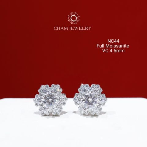 Hoa Tai CHAM JEWELRY BC44, Full Moissanite Chủ 4.5mm (Barcode OB19)