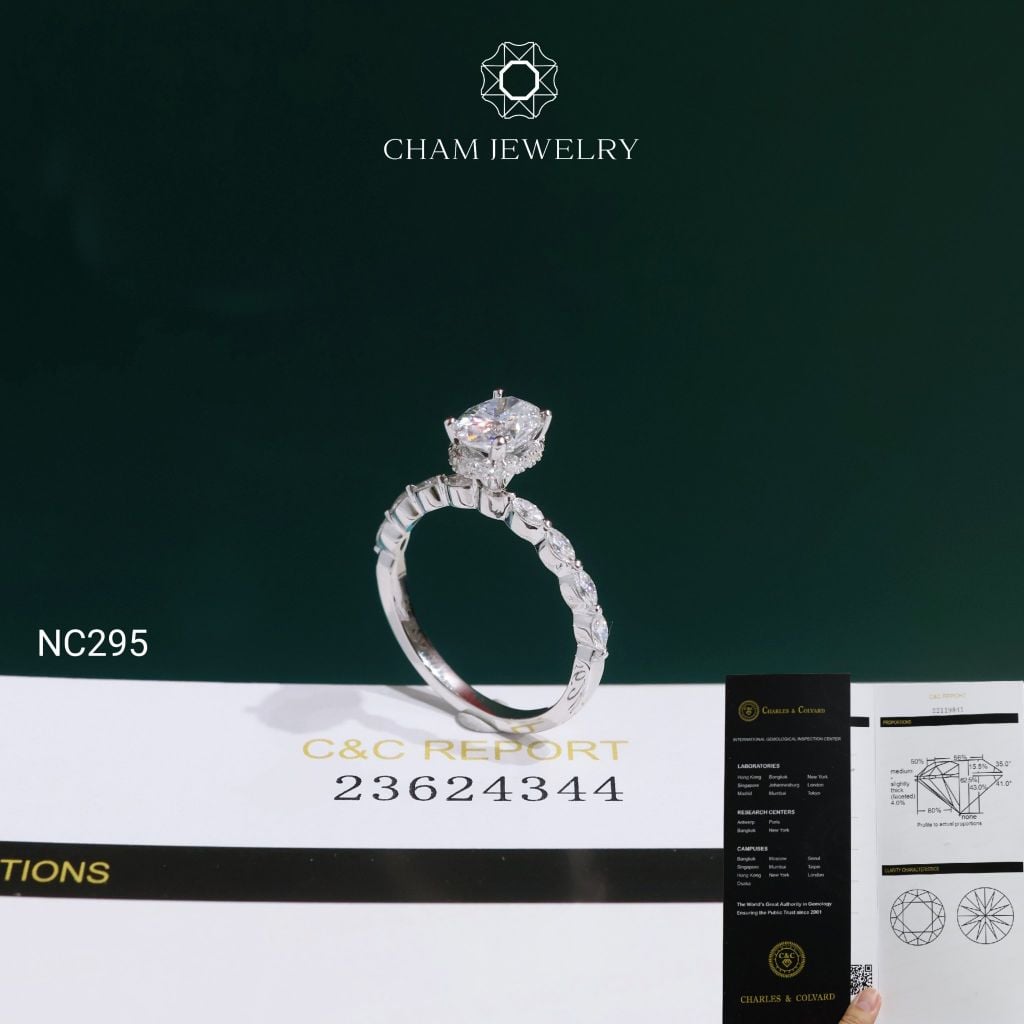 Nhẫn NC295 CHAM JEWELRY, Đá Moissanite C&C Chủ Oval 7x5mm (Barcode ONNU108)
