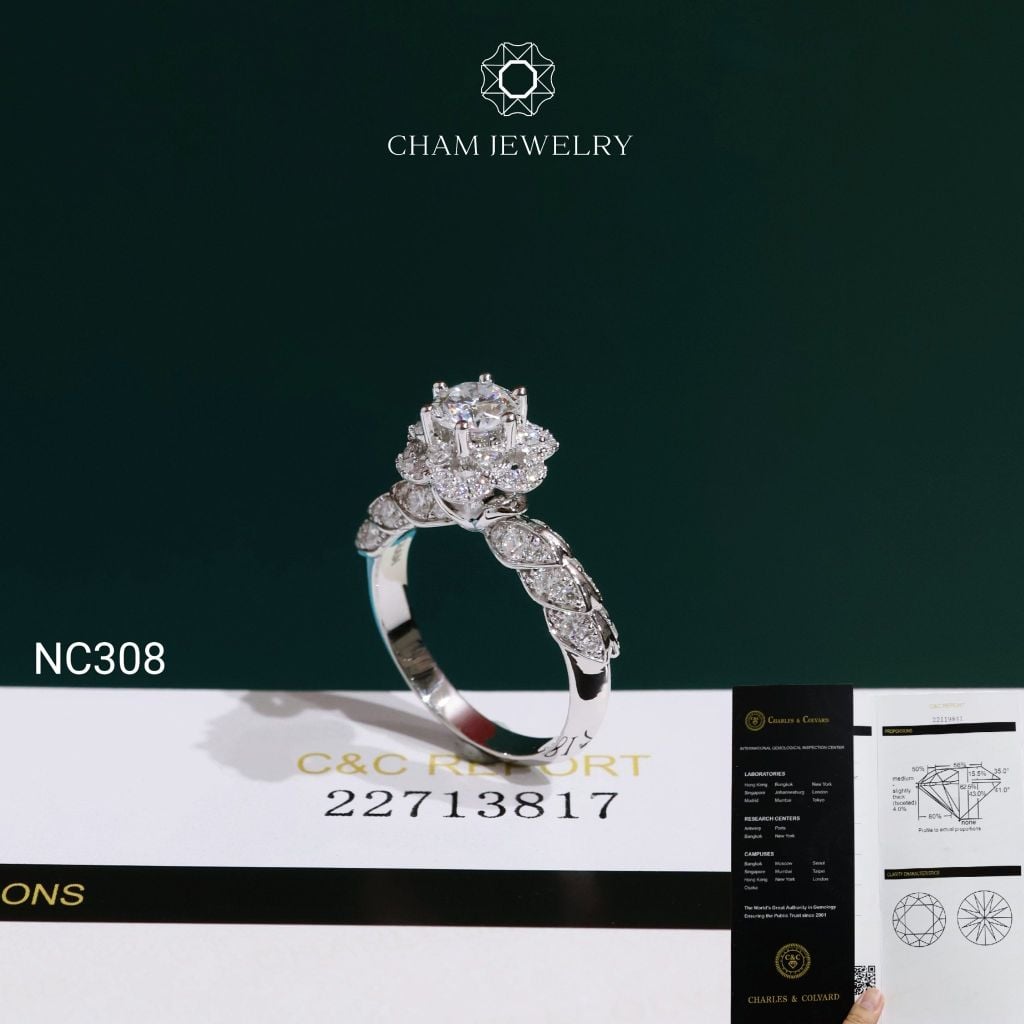 Nhẫn NC308 CHAM JEWELRY, Đá Moissanite C&C Chủ 5.4mm (Barcode OCNN133)