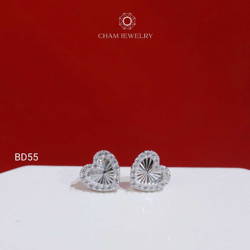 Hoa Tai BD55 CHAM JEWELRY, Hoa Tai Trái Tim Chạm Máy Viền Đá Tấm Bản 8.0mm (Barcode TBD1688).