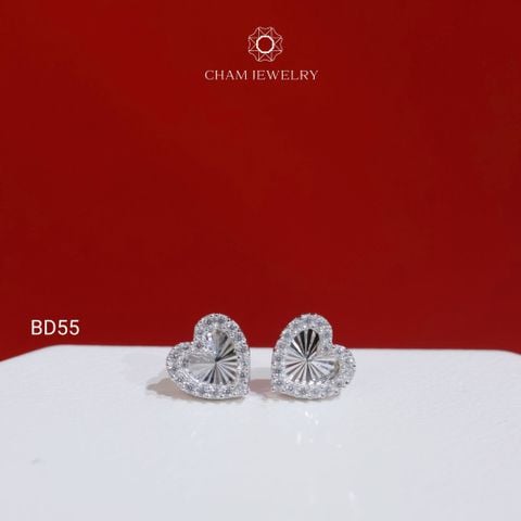Hoa Tai BD55 CHAM JEWELRY, Hoa Tai Trái Tim Chạm Máy Viền Đá Tấm Bản 8.0mm (Barcode TBD1688).
