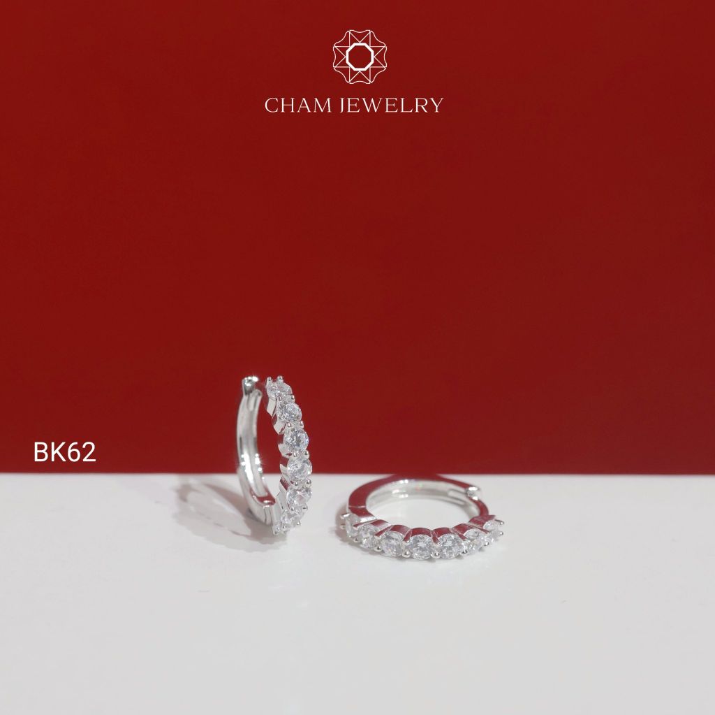 Hoa Tai BK62 CHAM JEWELRY, Hoa Tai Khoen Tròn Nửa Hàng Đá 2.0mm (Barcode TBK377).