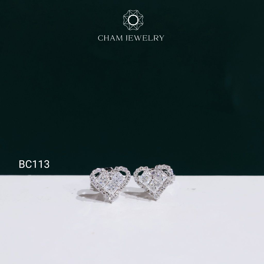Hoa Tai BC113 CHAM JEWELRY, Hoa Tai Trái Tim Full Moissanite C&C (OCB35)