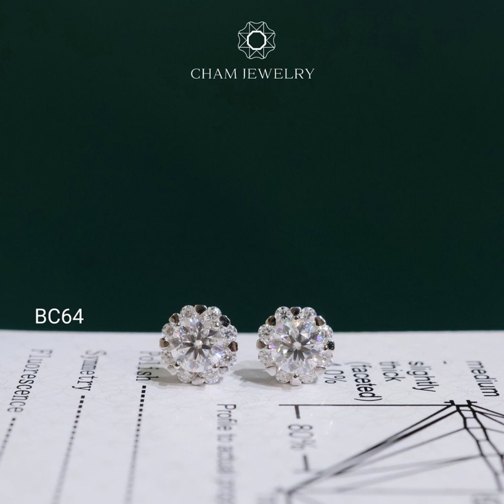 Hoa Tai CHAM JEWELRY BC64, Hoa Tai Halo Tròn Full Moissanite Chủ 5.0mm (Barcode TVM159)