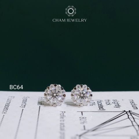 Hoa Tai CHAM JEWELRY BC64, Hoa Tai Halo Tròn Full Moissanite Chủ 5.0mm (Barcode TVM159)
