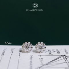 Hoa Tai CHAM JEWELRY BC64, Hoa Tai Halo Tròn Full Moissanite Chủ 5.0mm (Barcode TVM159)