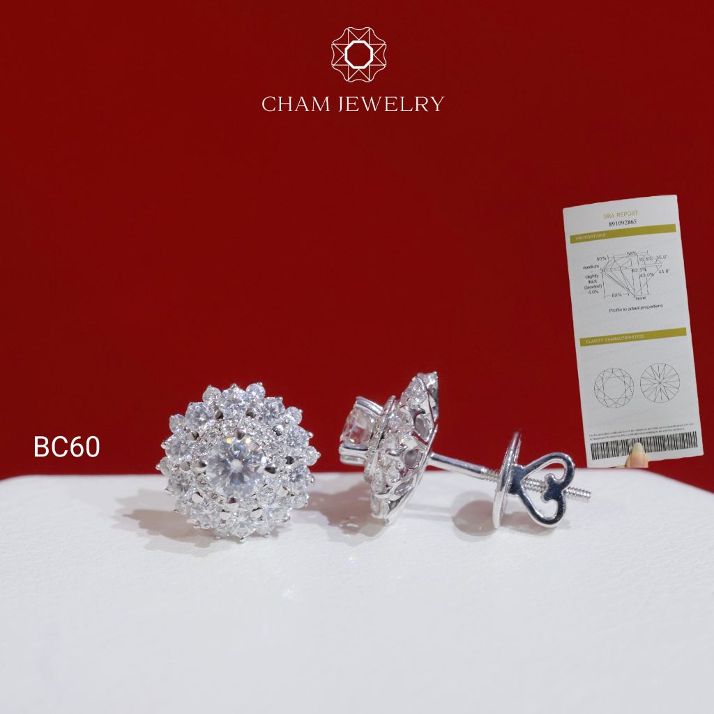 Hoa Tai CHAM JEWELRY BC60, Hoa Tai Chủ Moissanite 4.0mm (Barcode OCB03)