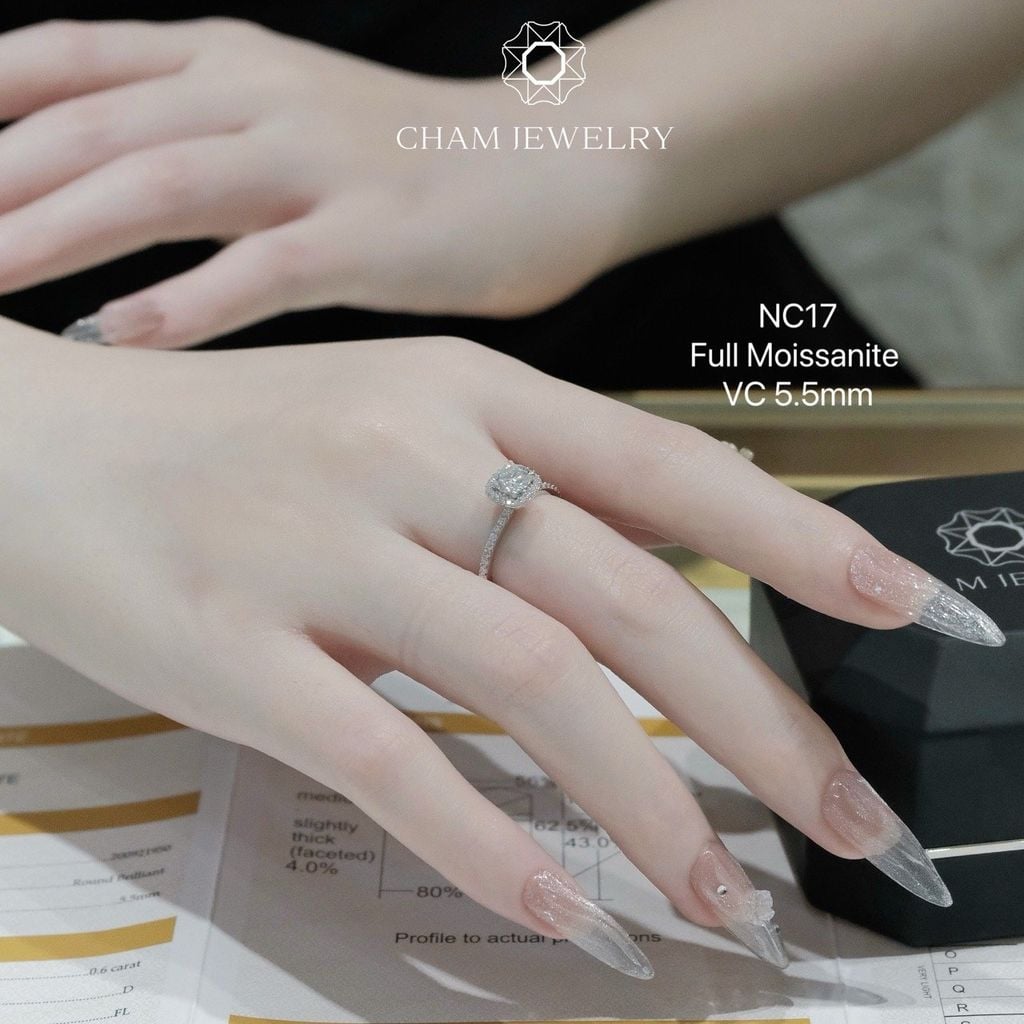 Nhẫn CHAM JEWELRY NC17, Full Moissanite Chủ 5.5mm 58 Giác USA (Barcode TVM40).