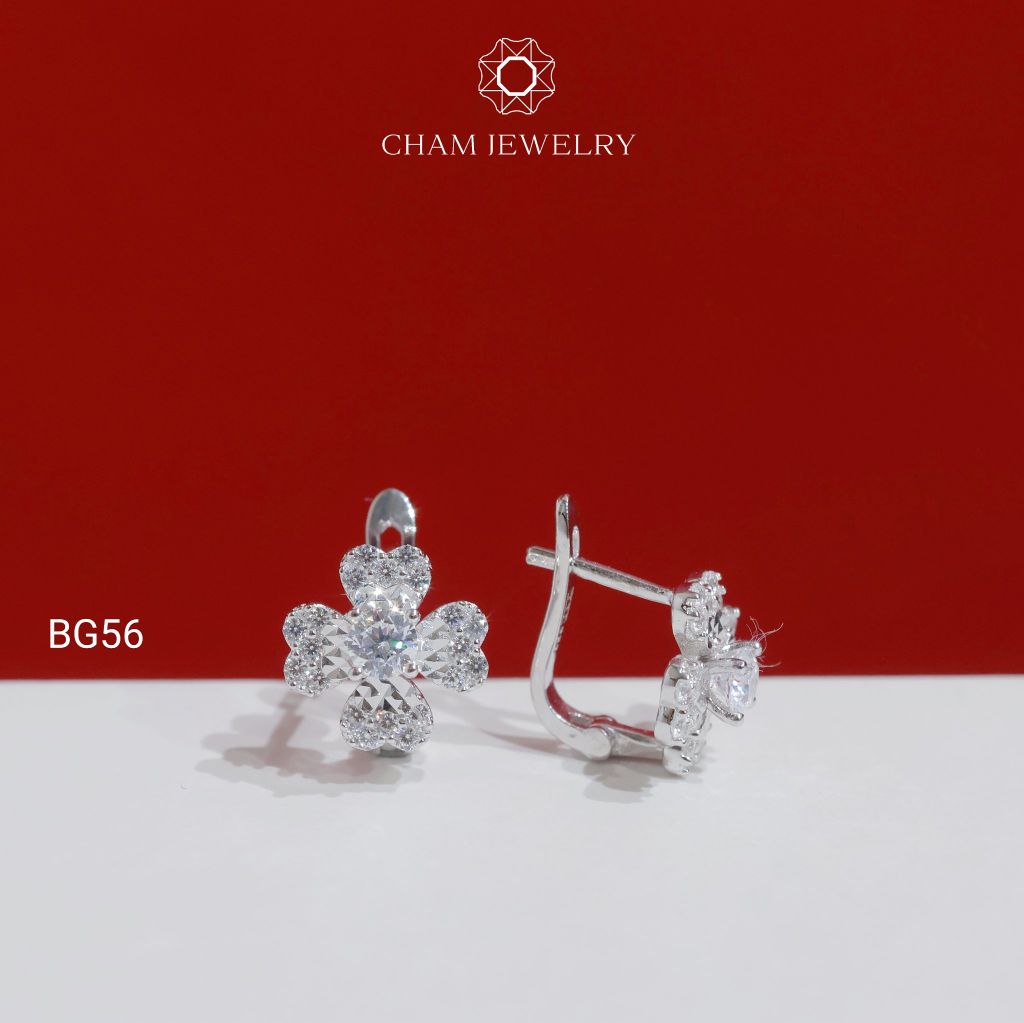 Hoa Tai BG56 CHAM JEWELRY, Hoa Tai Kiểu Cỏ 4 Lá Trái Tim, Chủ 3.5mm (Barcode TBG1109).