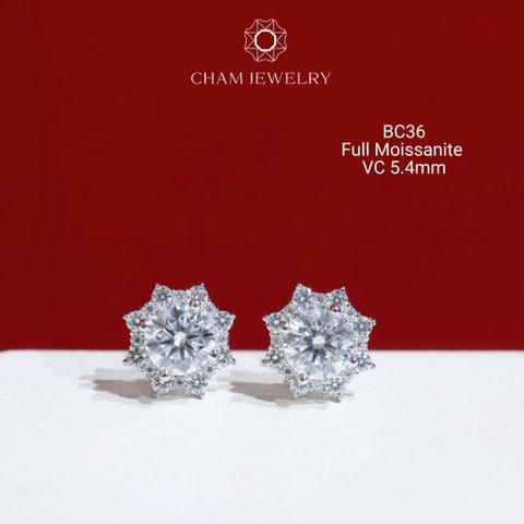 Hoa Tai CHAM JEWELRY BC36, Full Moissanite Chủ 5.4mm (Barcode OB15)