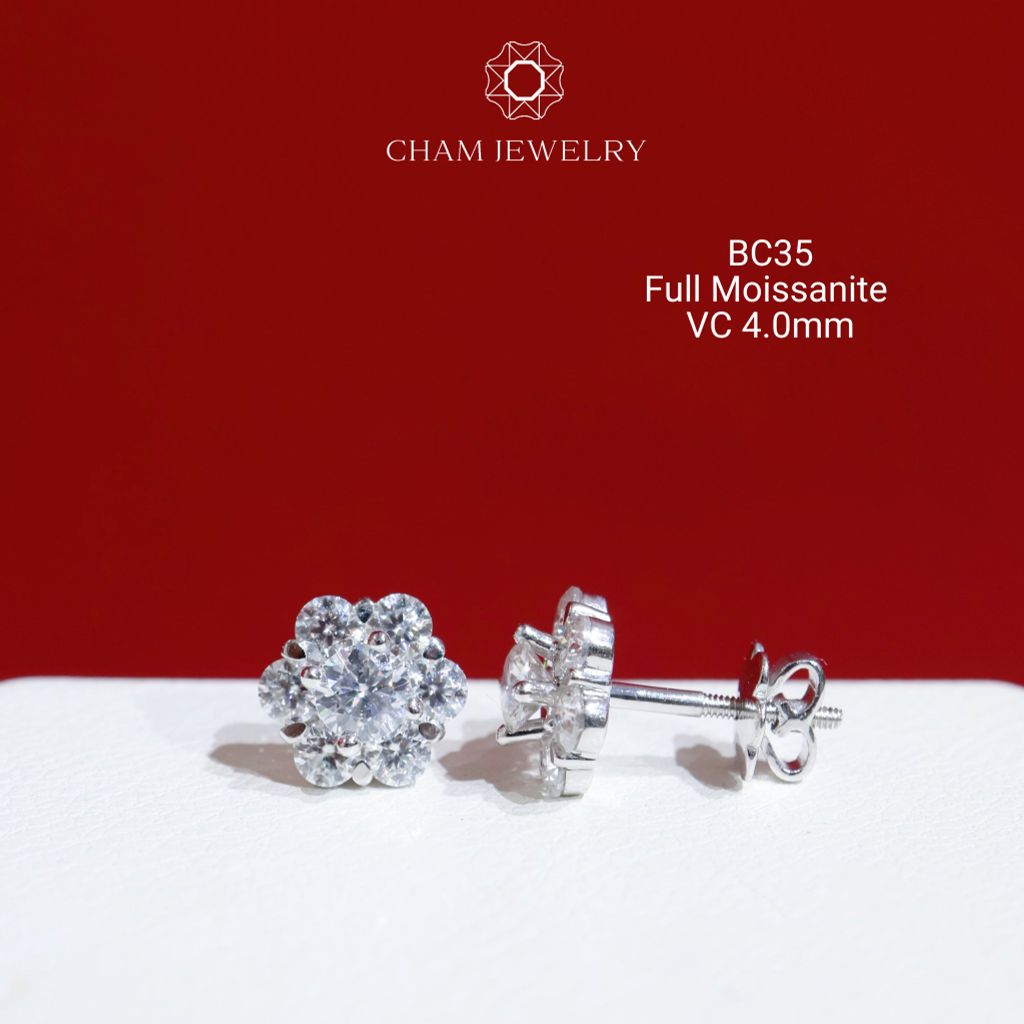 Hoa Tai CHAM JEWELRY BC35, Full Moissanite Chủ 4.0mm (Barcode OB12)