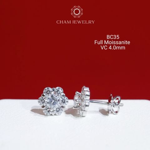 Hoa Tai CHAM JEWELRY BC35, Full Moissanite Chủ 4.0mm (Barcode OB12)