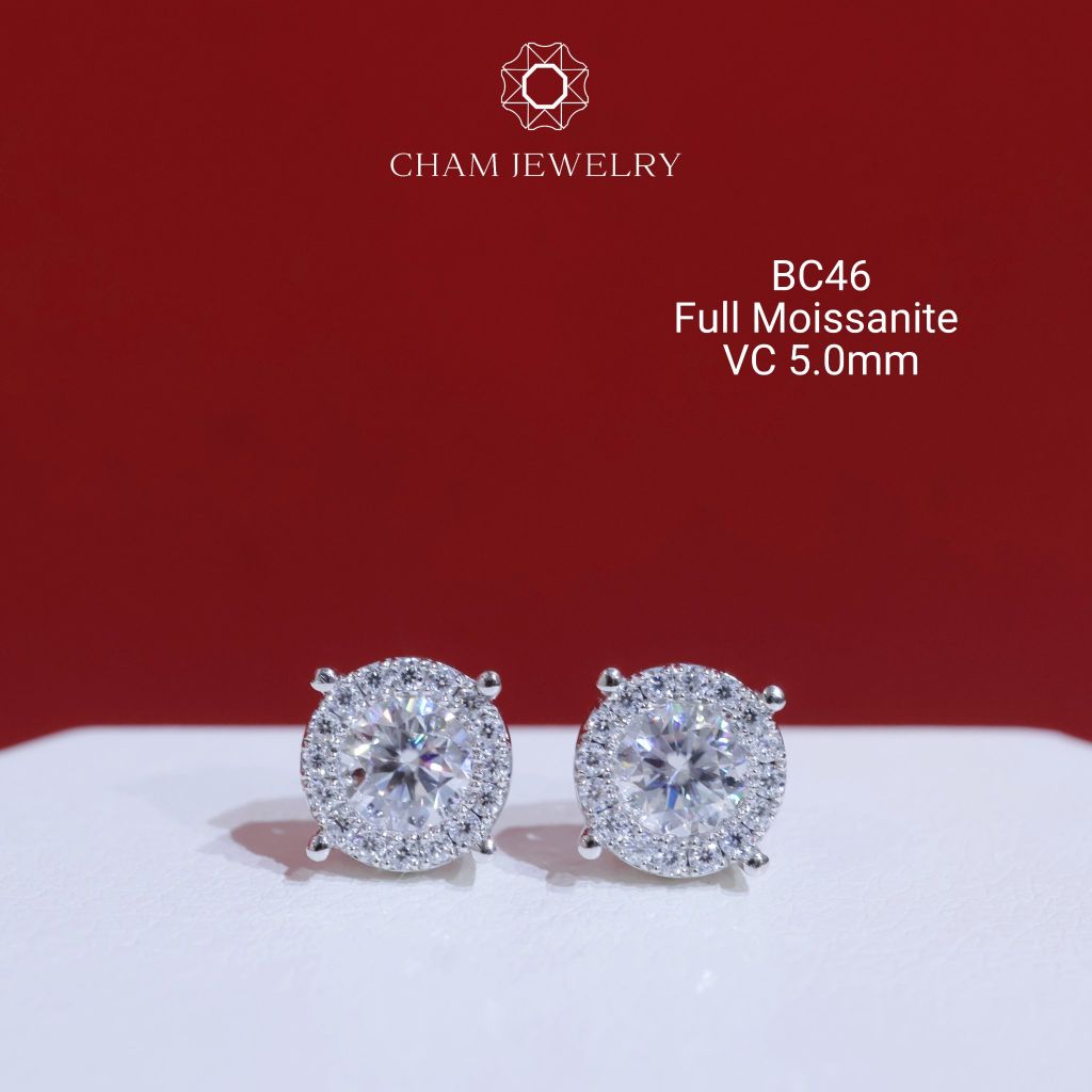 Hoa Tai CHAM JEWELRY BC46, Full Moissanite Chủ 5.0mm (Barcode OB72)