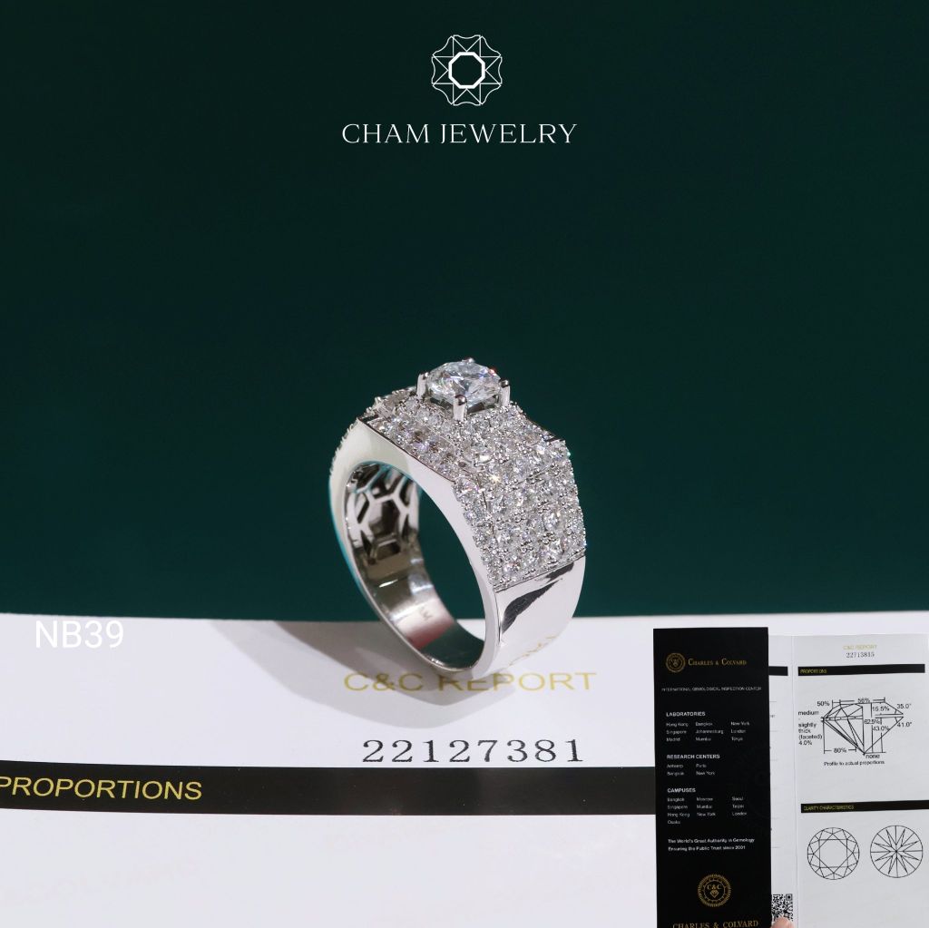 Nhẫn Nam NB39 CHAM JEWELRY,  Chủ 6.5mm Full Moissanite C&C Chủ 6.5mm (Barcode OCNA10)