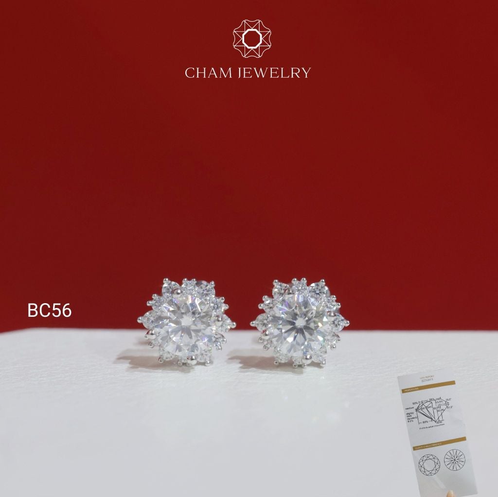Hoa Tai CHAM JEWELRY BC56, Hoa Tai Hoa Tia Full Moissanite Chủ 5.0mm(Barcode TVM105)