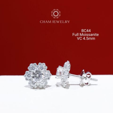 Hoa Tai CHAM JEWELRY BC44, Full Moissanite Chủ 4.5mm (Barcode OB19)