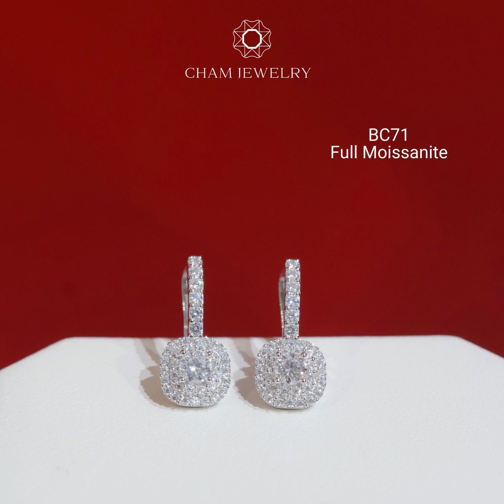 Hoa Tai CHAM JEWELRY BC71, Hoa Tai Khóa Gài Full Moissanite Chủ 4.0mm (Barcode TVM63)