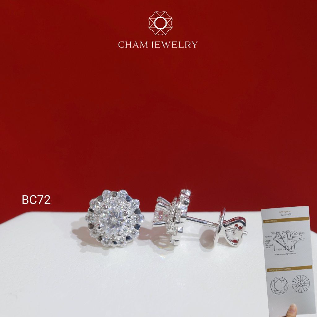 Hoa Tai BC72 CHAM JEWELRY, Hoa Tai Full Moissanite Chủ 4.5mm (Barcode OCB04)