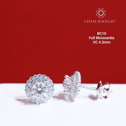 Hoa Tai CHAM JEWELRY BC10, Full Moissanite Chủ 4.5mm 58 Giác (Barcode OB56).