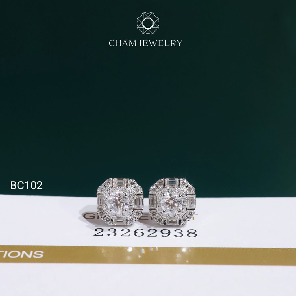 Hoa Tai BC102 CHAM JEWELRY, Hoa Tai Full Đá Moissanite Chủ 4.0mm (Barcode OCB16)