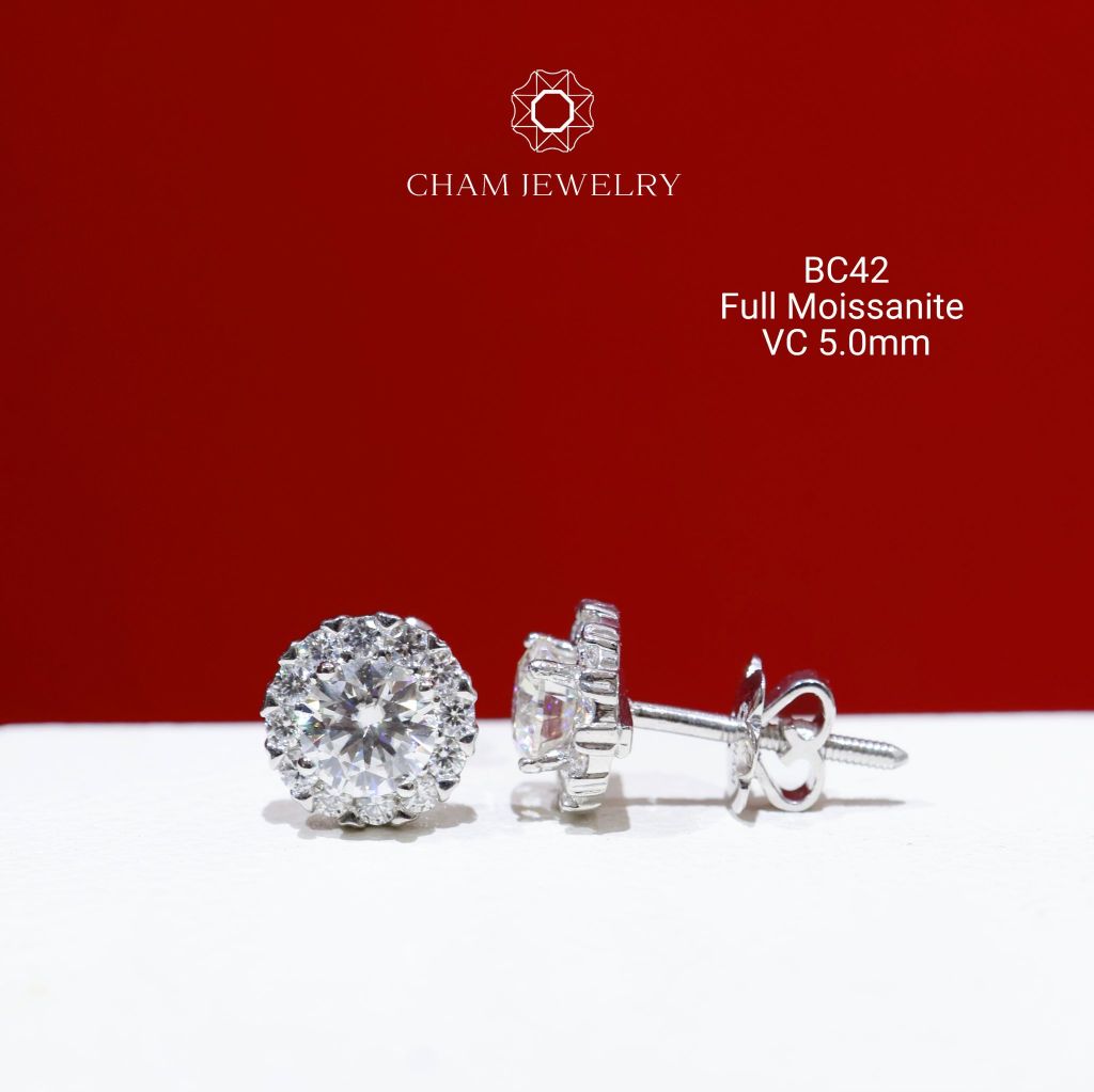 Hoa Tai CHAM JEWELRY BC42, Full Moissanite Chủ 5.0mm (Barcode OB07)