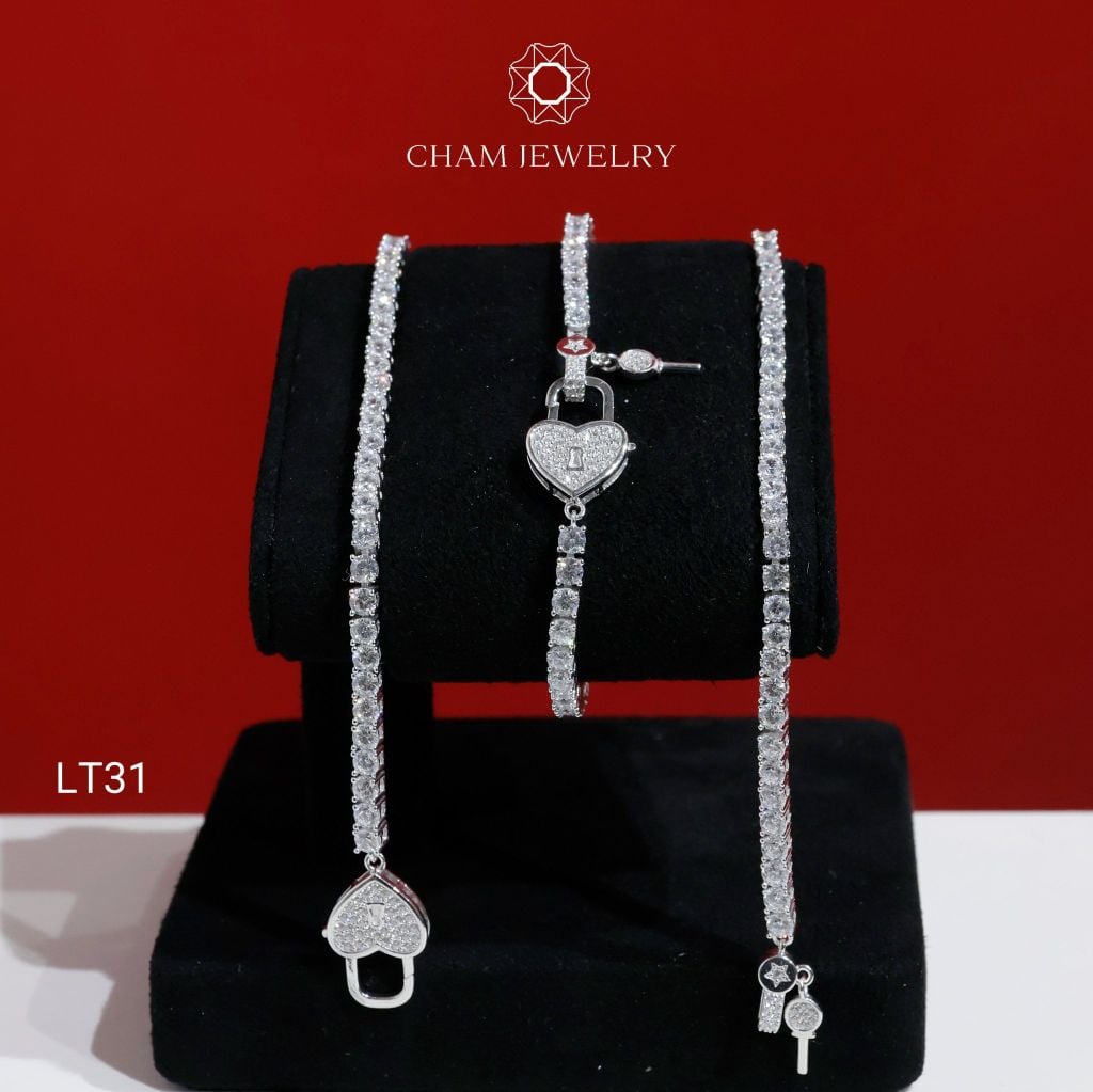 Lắc Tay CHAM JEWELRY LT31, Lắc Tay Full Đá 3.0mm Khóa Tim (Barcode CL7893)