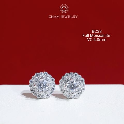 Hoa Tai CHAM JEWELRY BC38, Full Moissanite Chủ 4.0mm (Barcode OB14)