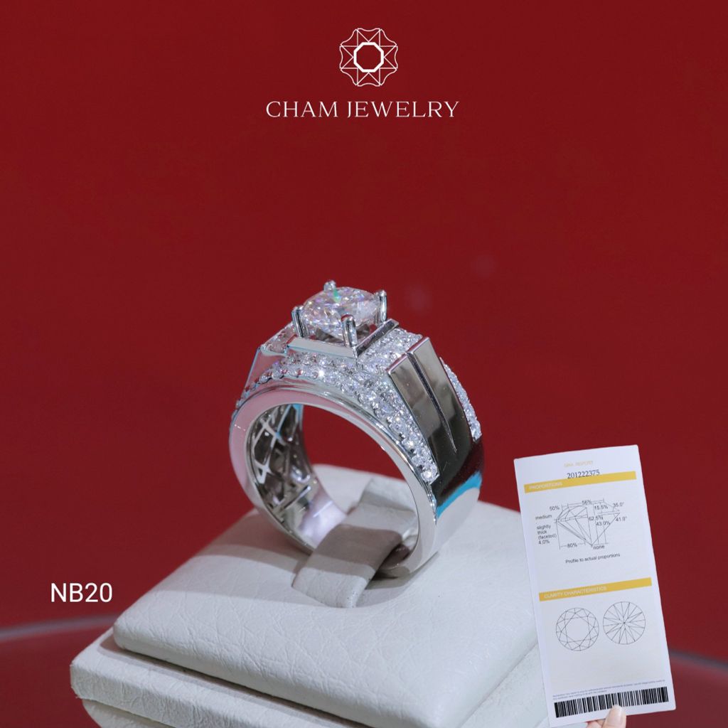 Nhẫn Nam NB20 CHAM JEWELRY, Full Moissanite Cao Cấp, Chủ 7.2mm (Barcode ONNA07)