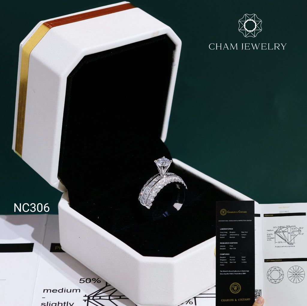 Nhẫn NC306 CHAM JEWELRY, Đá Moissanite C&C Chủ 5.4mm (Barcode OCNN135)