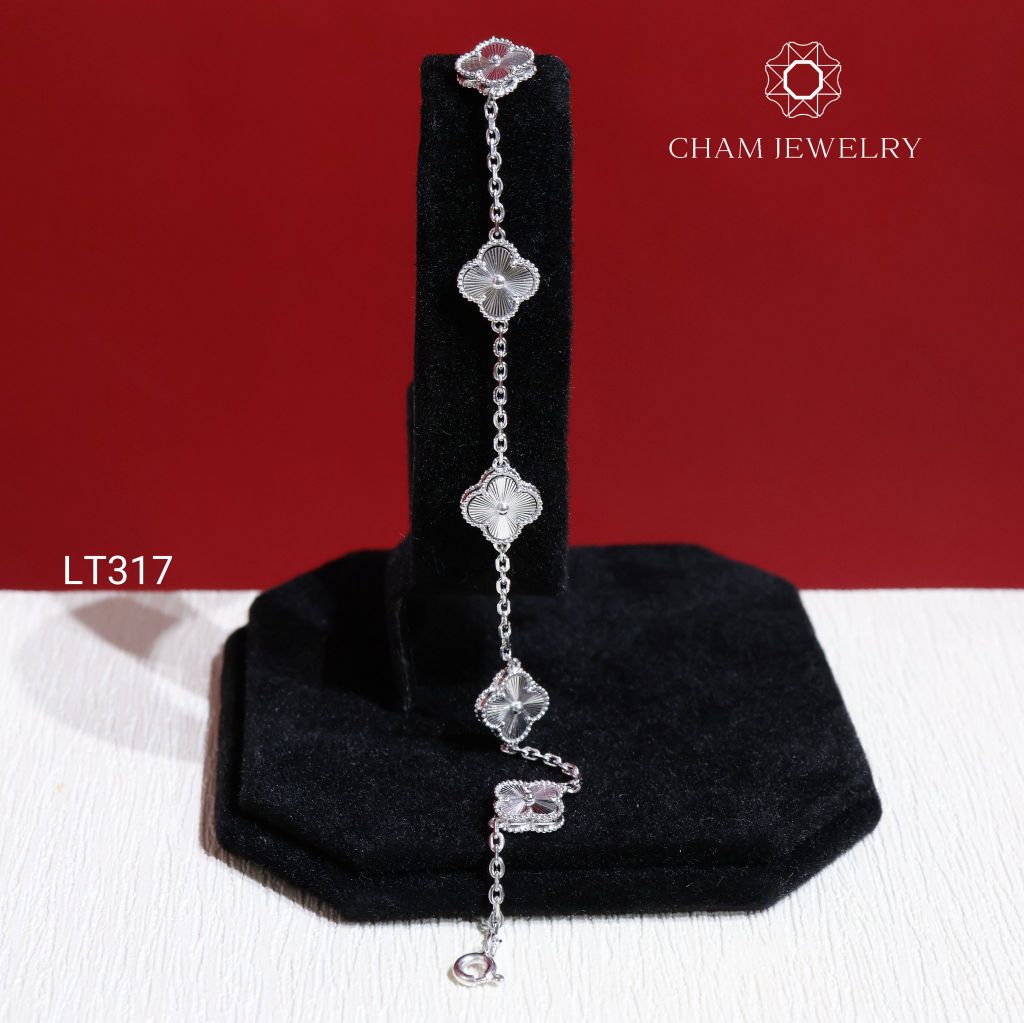 Lắc Tay LT317 CHAM JEWELRY, Lắc Cỏ 4 Lá Trắng Chạm Máy Bảng 8.0mm (Barcode TLT1292-KLVM08).