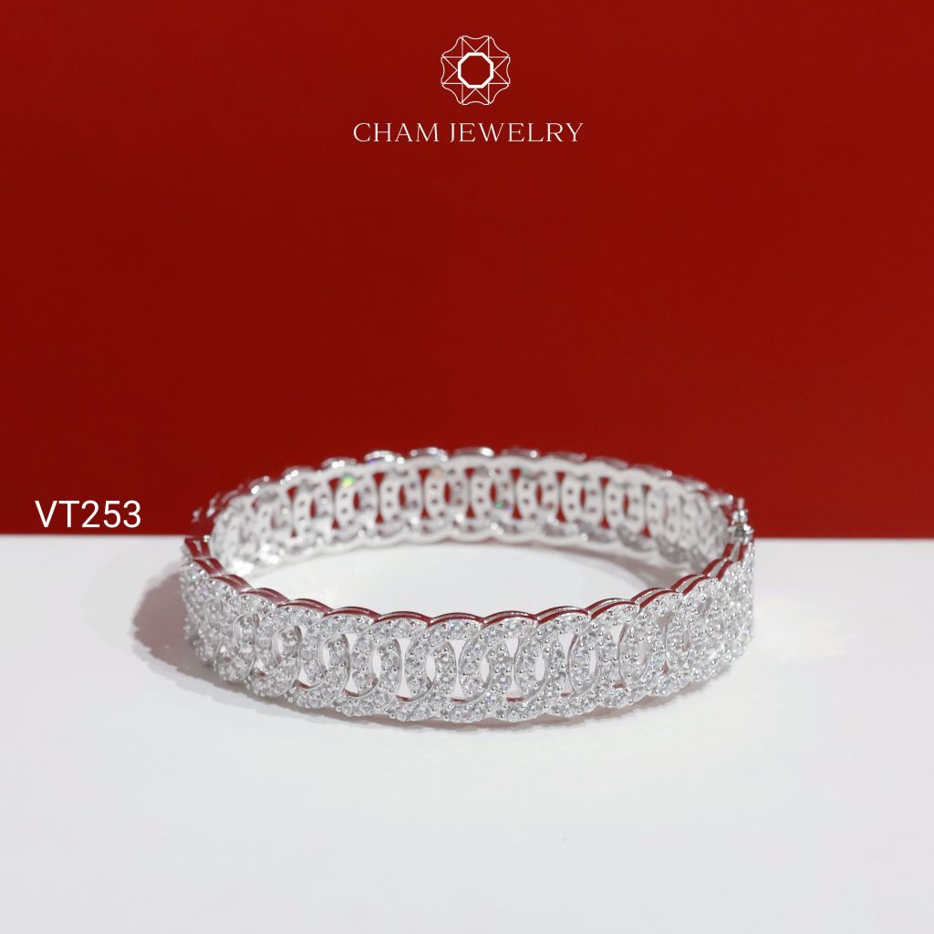 Vòng Tay CHAM JEWELRY VT253, Vòng Kiểu Full Đá Tấm Bản 10.0mm (Barcode PVH166)
