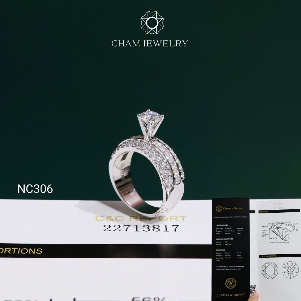 Nhẫn NC306 CHAM JEWELRY, Đá Moissanite C&C Chủ 5.4mm (Barcode OCNN135)