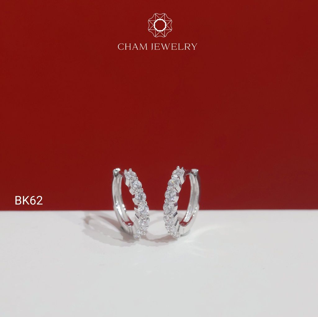 Hoa Tai BK62 CHAM JEWELRY, Hoa Tai Khoen Tròn Nửa Hàng Đá 2.0mm (Barcode TBK377).