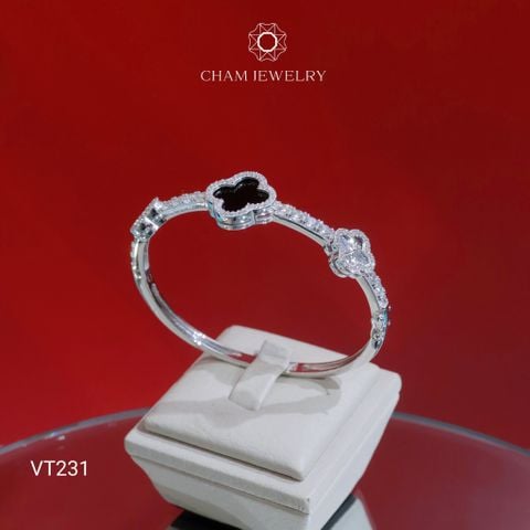 Vòng Tay VT231 CHAM JEWELRY, Vòng Nửa Hàng Cỏ 4 Lá Trắng Đen 12.0mm (Barcode TV202).
