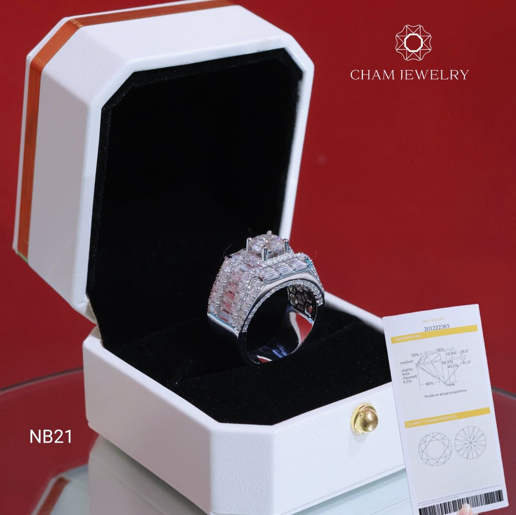 Nhẫn Nam NB21 CHAM JEWELRY, Full Moissanite Cao Cấp, Chủ 7.2mm (Barcode ONNA54)