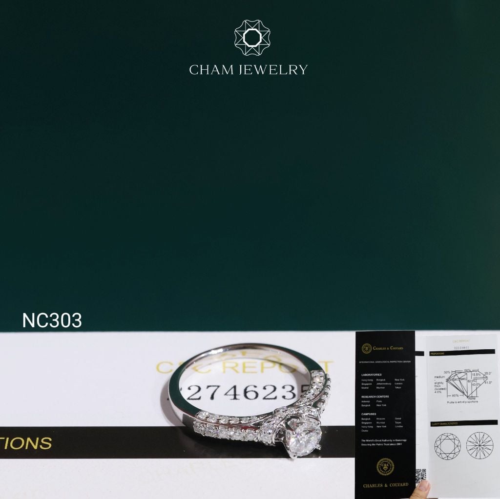 Nhẫn NC303 CHAM JEWELRY, Đá Moissanite C&C Chủ 4.5mm (Barcode OCNN99)