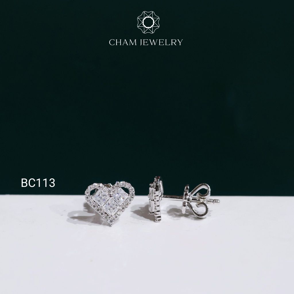 Hoa Tai BC113 CHAM JEWELRY, Hoa Tai Trái Tim Full Moissanite C&C (OCB35)